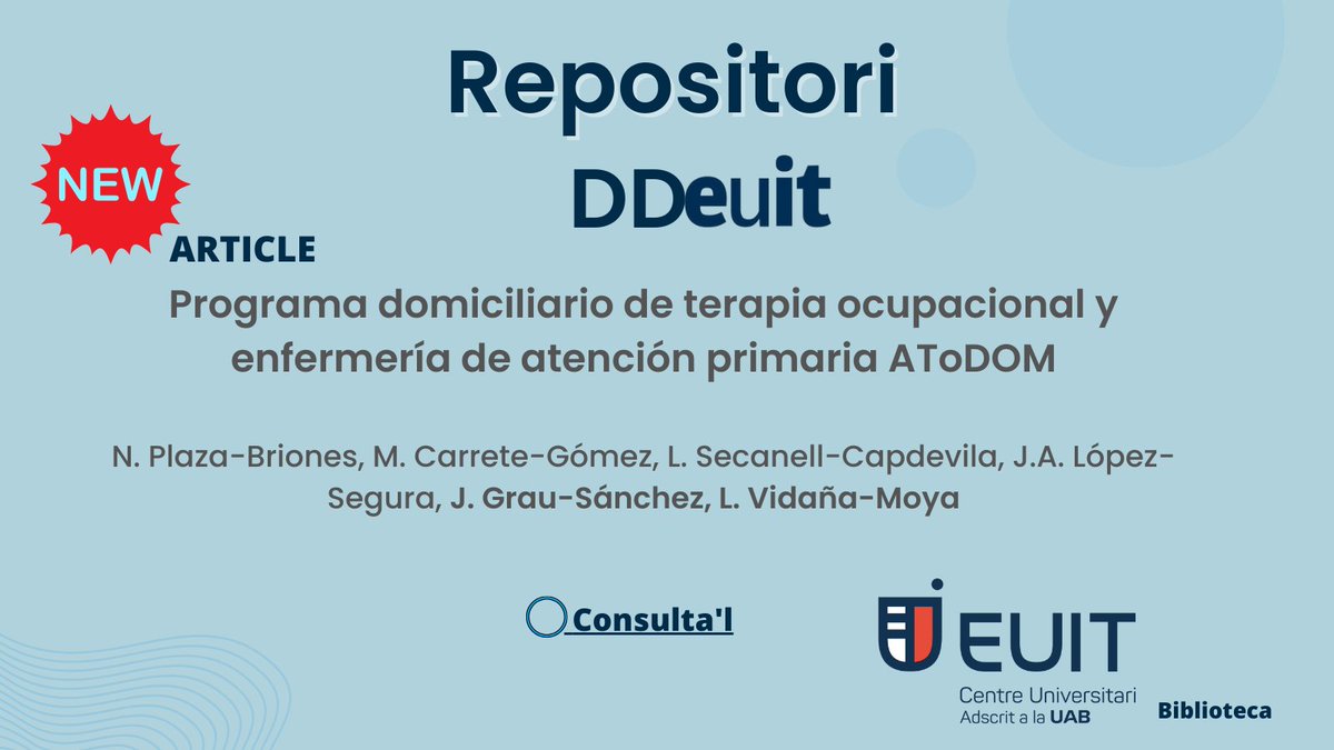 🆕ARTICLE Programa domiciliario de terapia ocupacional y enfermería de atención primaria AToDOM de les doctores Dra. Jennifer Grau
<a href="/GrauSanchezJ/">Jennifer Grau</a> i Laura Vidaña <a href="/Laura_Vida_TO/">Laura Vida</a> del grup de recerca <a href="/OCCARE_euit/">OCCARE</a> 

👉Disponible al #DDEUIT 📎euit.koha.es/cgi-bin/koha/o…