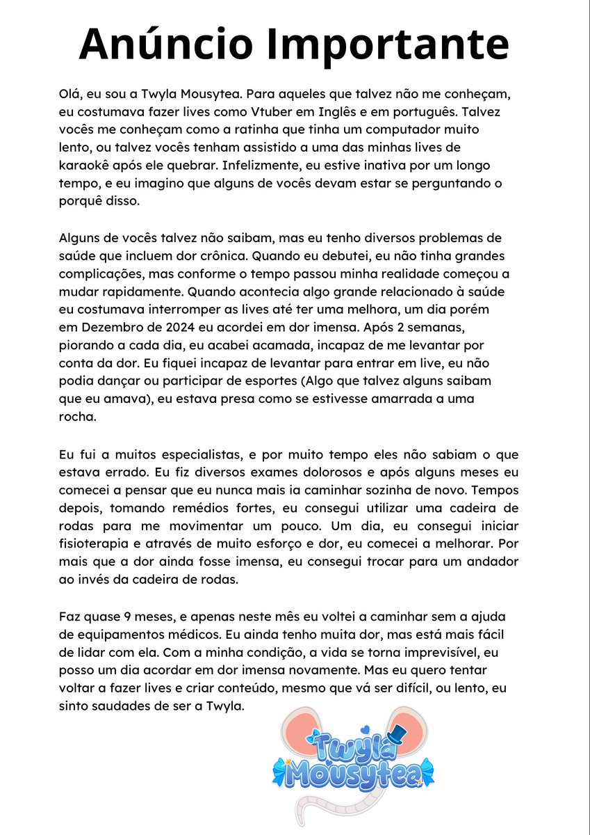 Anúncio importante sobre a minha falta de atividades como vtuber.
