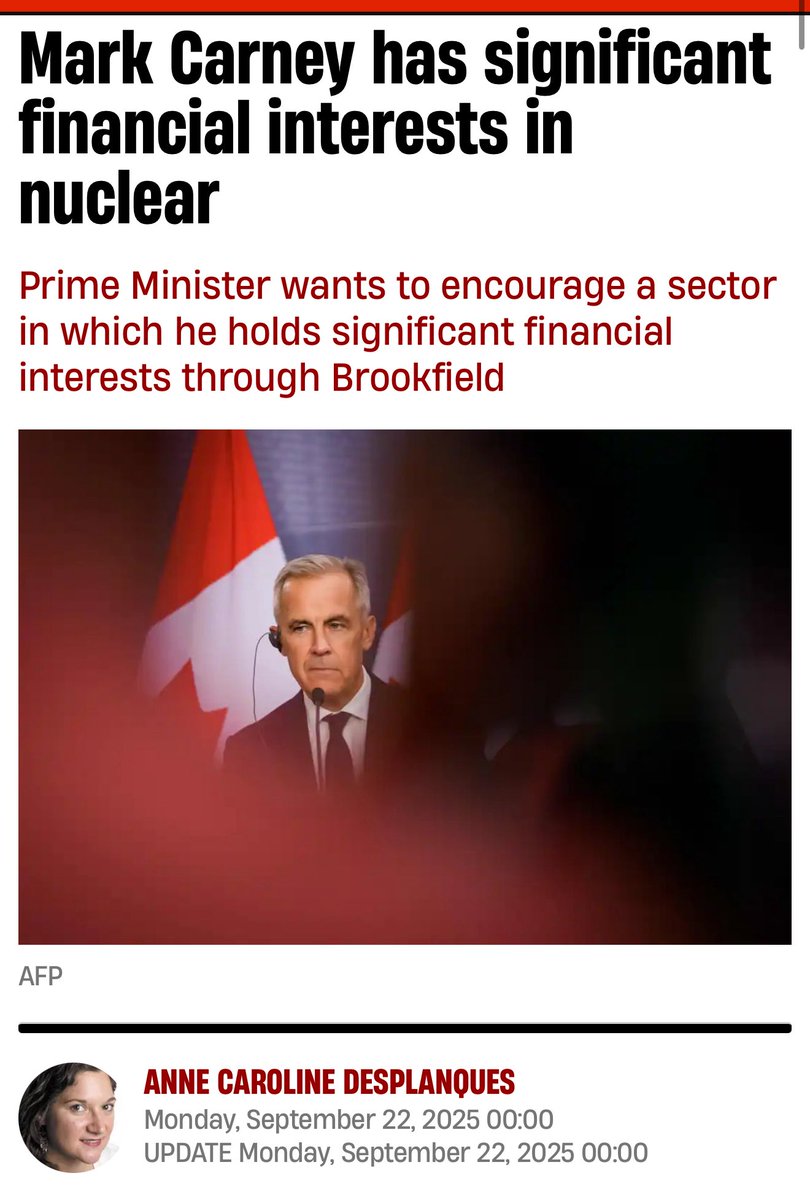MikeBarrettON's tweet photo. The Liberals are betting on USA built SMRs and imported uranium, making us more dependent on the USA.

This deal is bad for Canada but good for PM Carney because Brookfield will make billions.

That’s why Mr. Carney must sell his Brookfield stake before his deals boost its value. https://t.co/OgVw4hAYOM