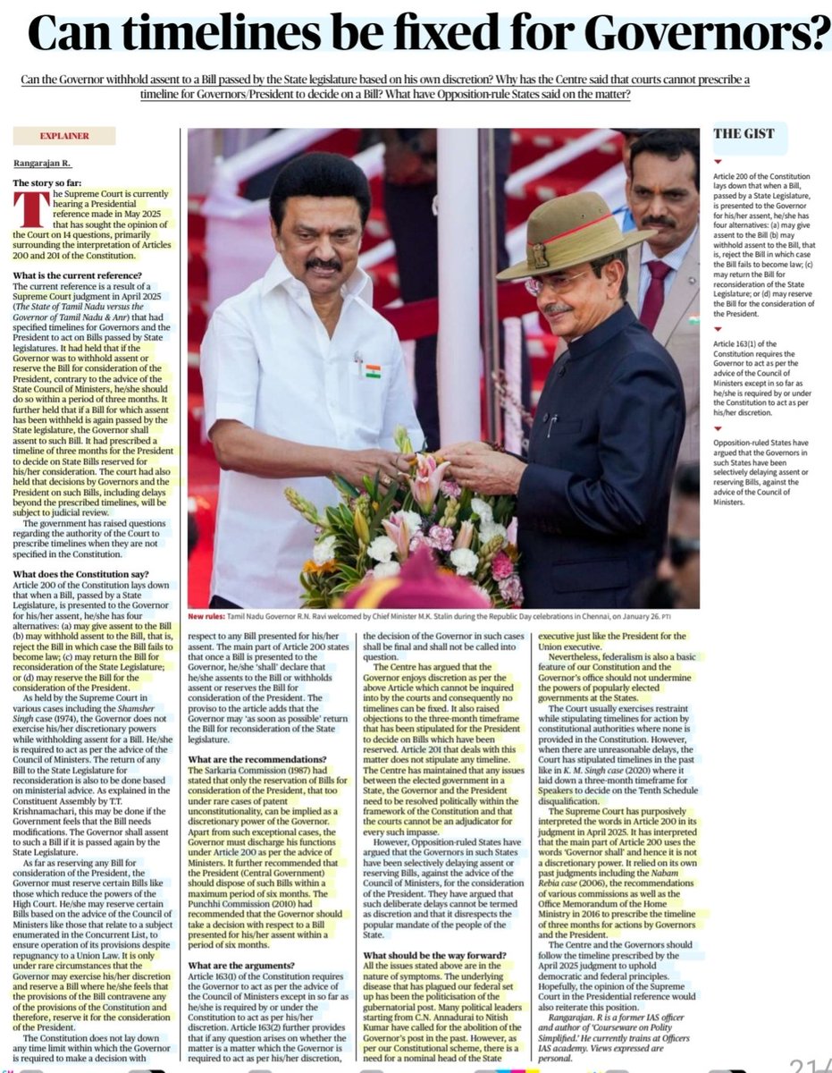 imRavikantYadav's tweet image. Can timelines be fixed for Governors?

:Explained by Rangarajan Sir
@rangarajan_ias 

#PresidentofIndia  #PresidentReference #Governor 
#SupremeCourt #Judgement 
#Article200 #Article201
#Constitution
#SarkariaCommission #PunchiCommission
#Federalism #BasicStructure
#law

#UPSC