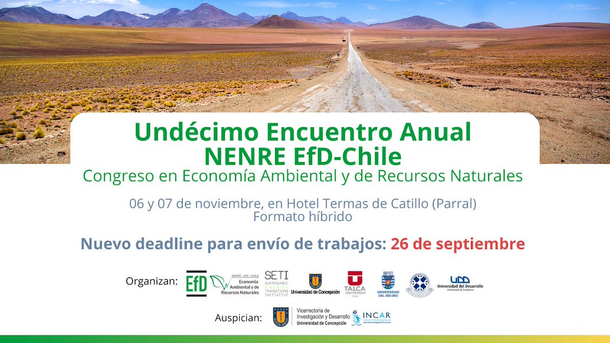 Este viernes 26 de septiembre finaliza el deadline para participar en XI Congreso Anual de Economía y Recursos Naturales.
Invitamos a investigadores, estudiantes, tomadores de decisiones a enviar sus abstract sobre los desafíos ambientales más urgentes de Chile, y del Norte y Sur