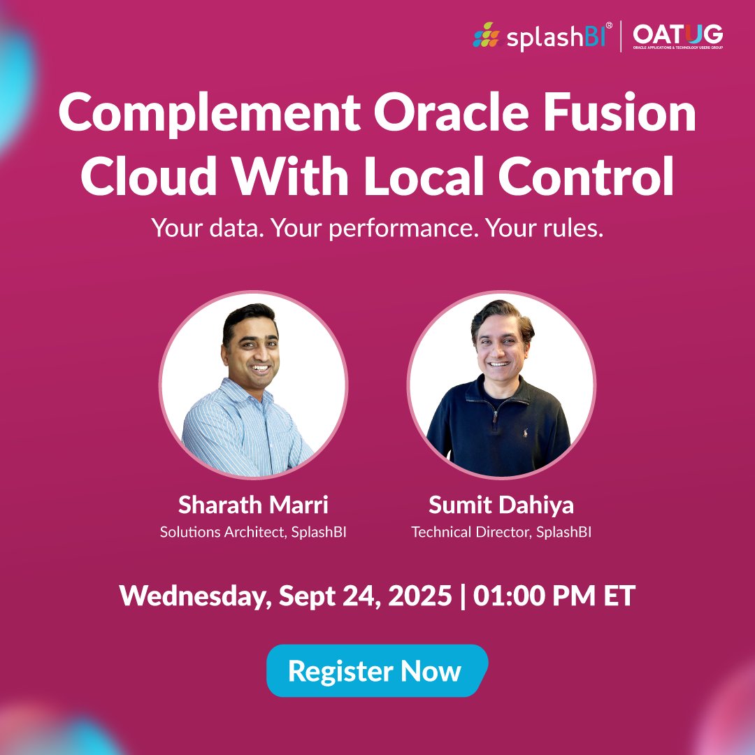 SplashBI's tweet image. On Sept 24 at 1 PM ET, discover how finance, HR &amp;amp; supply chain teams can extend Fusion Cloud reporting through local strategies that improve performance &amp;amp; support governance.

bit.ly/4pgNV9E

#OracleFusionCloud #LocalDataStrategy #DataGovernance #DataPipelines #SplashBI