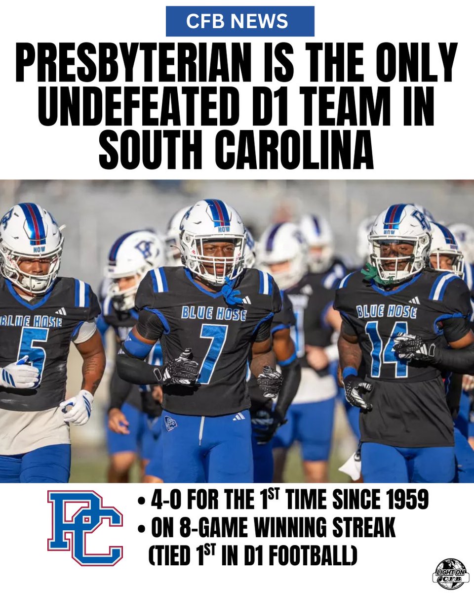 LIGHT ON COLLEGE SPORTS (@lightonsports) on Twitter photo Presbyterian is the ONLY undefeated Division 1 football team in South Carolina 🔵🔴
The Blue Hose are 4-0 for the first time since 1959 and currently tied for the longest active win streak in Division I football with 8 consecutive wins 📈
<a href="/BlueHoseFB/">PC Football</a> Presbyterian is the ONLY undefeated Division 1 football team in South Carolina 🔵🔴
The Blue Hose are 4-0 for the first time since 1959 and currently tied for the longest active win streak in Division I football with 8 consecutive wins 📈
<a href="/BlueHoseFB/">PC Football</a>