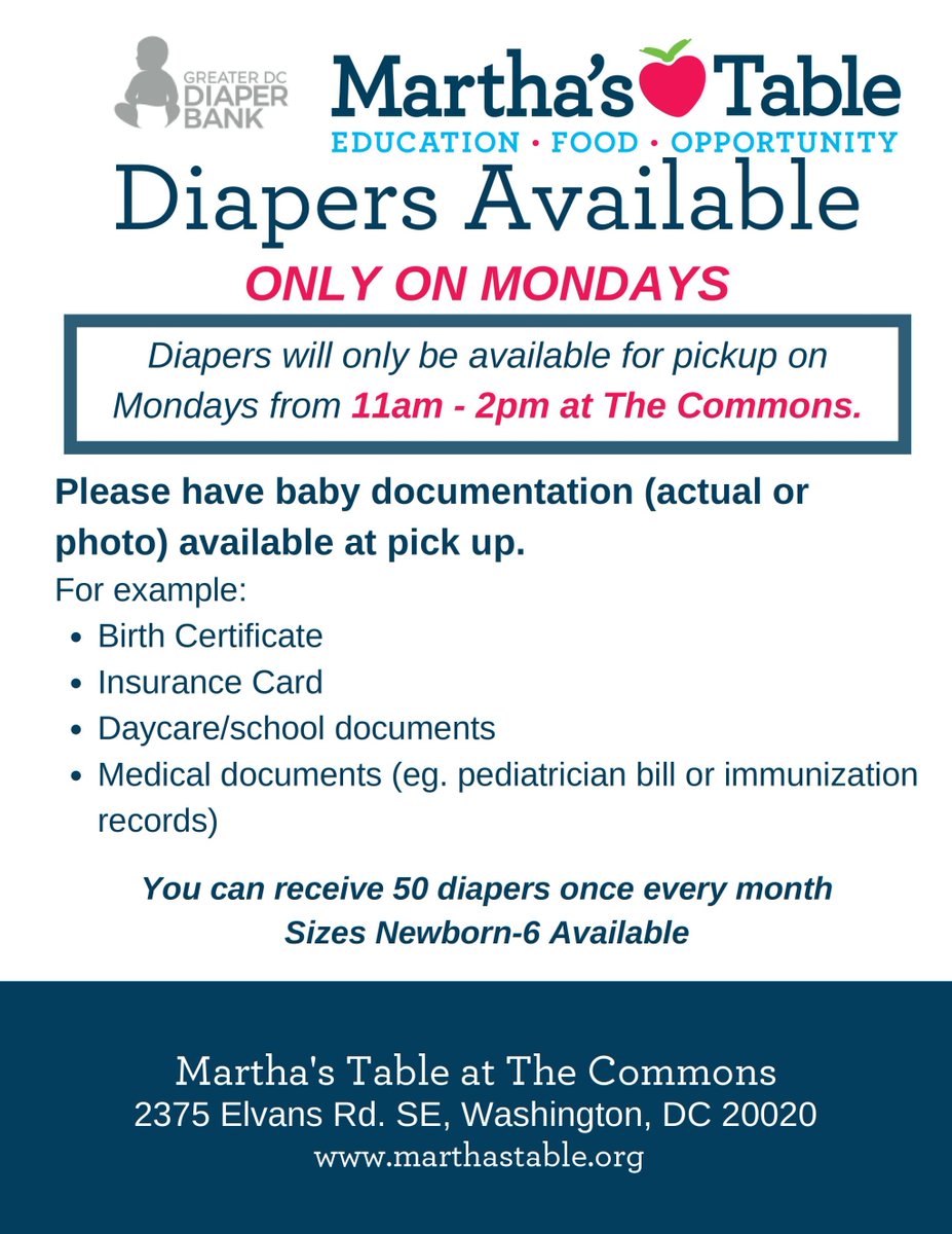 Happy Monday! 🌟 Today, you can pick up no-cost diapers from 11 AM to 2 PM at the Commons.

🏢 Each month, you can receive 50 diapers in sizes ranging from newborn to 6, while supplies last. 👶🍼