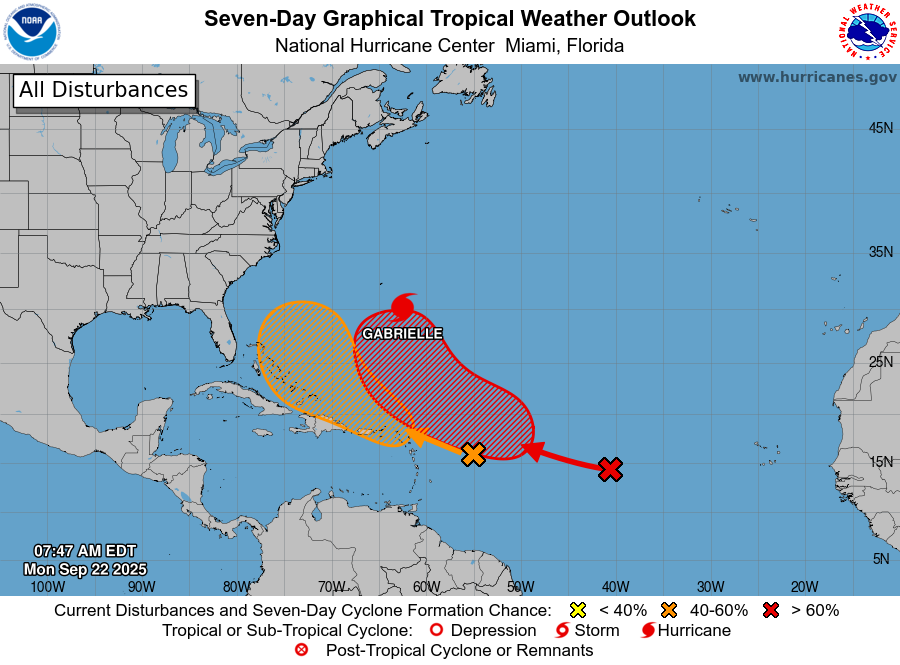 8 am EDT - NHC is monitoring two tropical waves.  The western one has a medium chance of development late in the week over the southwestern Atlantic.  The eastern one has a high chance of development  over the central Atlantic in a few days.  Visit hurricanes.gov for