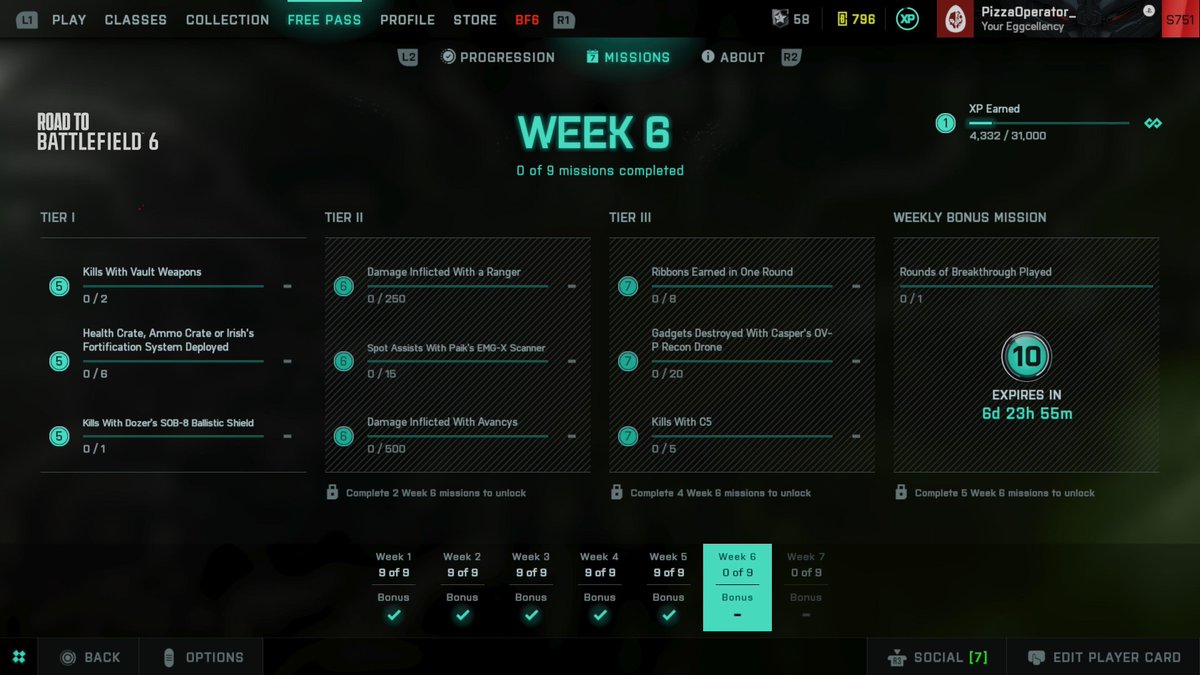 New Weekly Missions are up! 

• Open your vault and let the bullets fly
• Put all the Crates down
• Be Dozer…
• Let Lassie off the Leash… 
• Be Paik…
• Become the try hard… add the thermal sight for authenticity 
• Get 8 Ribbons in 1 Round
• Be Caspers… Drone -
