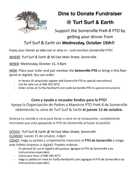 Somerville NJ PTO (@somervillenjpto) on Twitter photo Join the PTO for a Dine to Donate at
🐟Turf Surf & Earth🥦
Wednesday, October 15th, 4pm-8pm
✨Mention Somerville PTO to help us fundraise!✨
Order online at:
TurfSurfAndEarth.com
#allin4theville Join the PTO for a Dine to Donate at
🐟Turf Surf & Earth🥦
Wednesday, October 15th, 4pm-8pm
✨Mention Somerville PTO to help us fundraise!✨
Order online at:
TurfSurfAndEarth.com
#allin4theville