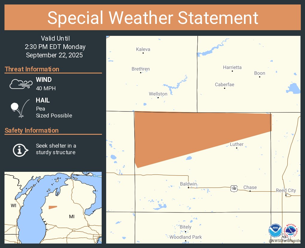 NWSGrandRapids's tweet image. A special weather statement has been issued for Lake County, MI until 2:30 PM EDT