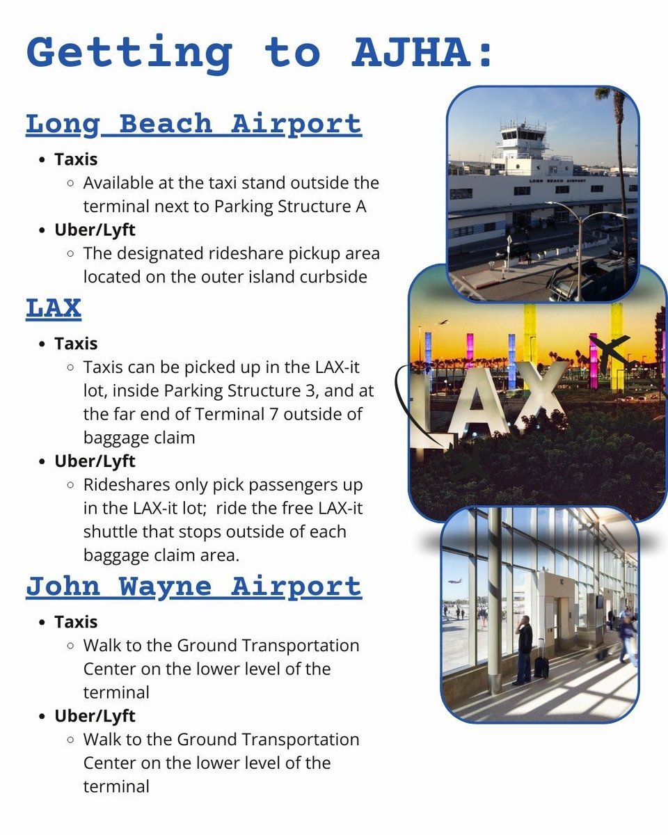 Three days until #AJHA2025! ✈️ Here's some tips on navigating from one of the three area airports to our convention hotel in Long Beach: