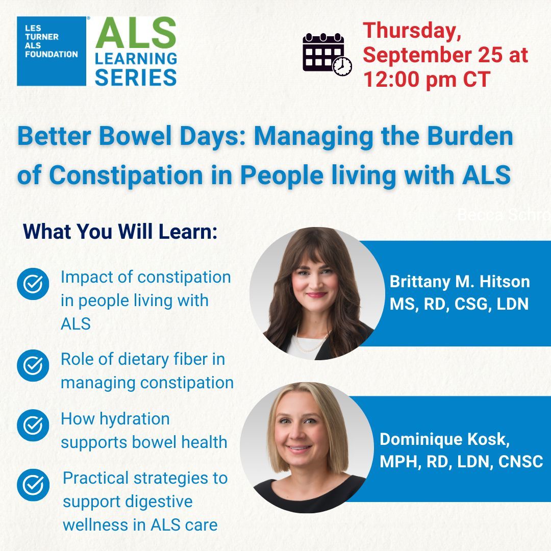 LesTurnerALS's tweet image. Struggling with digestive health in ALS? Join our no-cost webinar on September 25 to learn practical tips on managing constipation, using fiber, and supporting your overall wellness. 

🔗 Register now: buff.ly/bAHy2X1 
 
#ALS #DigestiveSupport #LesTurnerALS