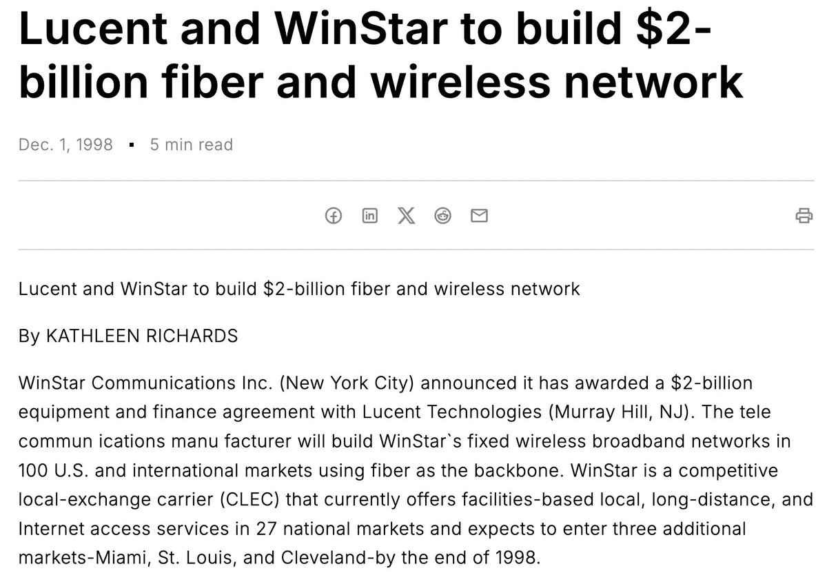 A cautionary tale for rational investors, while the market cheers $NVDA funding its customers.

Lucent Technologies was a go-go stock during the dotcom bubble. In 1998, Lucent and WinStar Communications signed a $2 billion deal. Lucent provided the financing, provided the