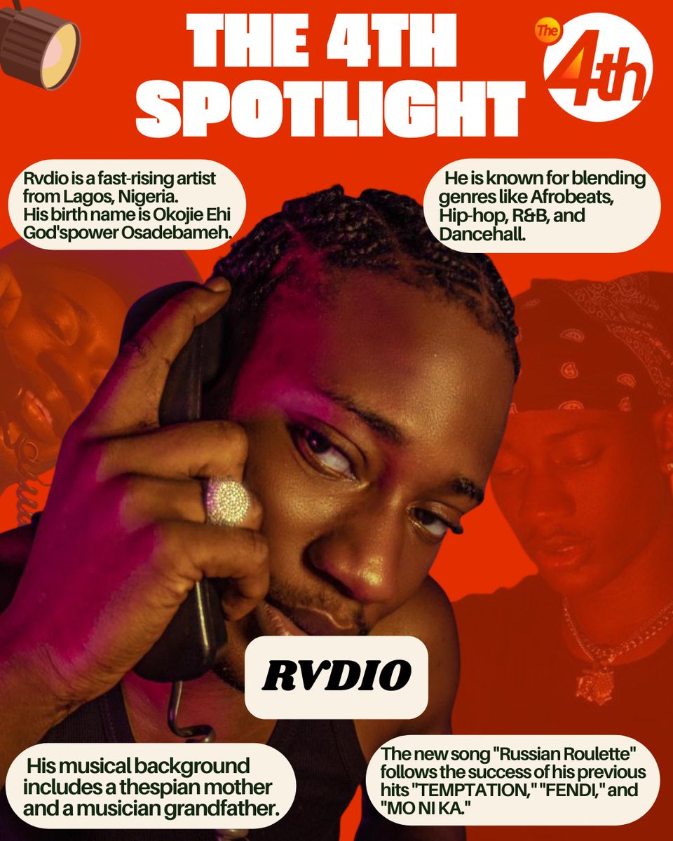 The4thent_'s tweet photo. Artiste Spotlight @rvdio404 🥳🧡

Born and raised in Agbara, Ogun State, Rvdio (born Okojie Ehi God’spower Osadebameh) is a rising star in Lagos, Nigeria’s vibrant music scene. Influenced by his artistic family—a thespian mother and a musician grandfather—Rvdio’s passion for music began in his youth. After high school, he started his professional career, blending diverse genres like Afrobeats, Hip-hop, R&B, and Dancehall to create a unique sound. This fluid style has earned him a dedicated fanbase and impressive streaming numbers.
Rvdio’s latest release, “Russian Roulette,” follows his successful tracks “Temptation,” “Fendi,” and “Mo Ni Ka.” The new song is a soulful Afrobeats tune that explores themes of desire and longing while still packing a punch on the dance floor.