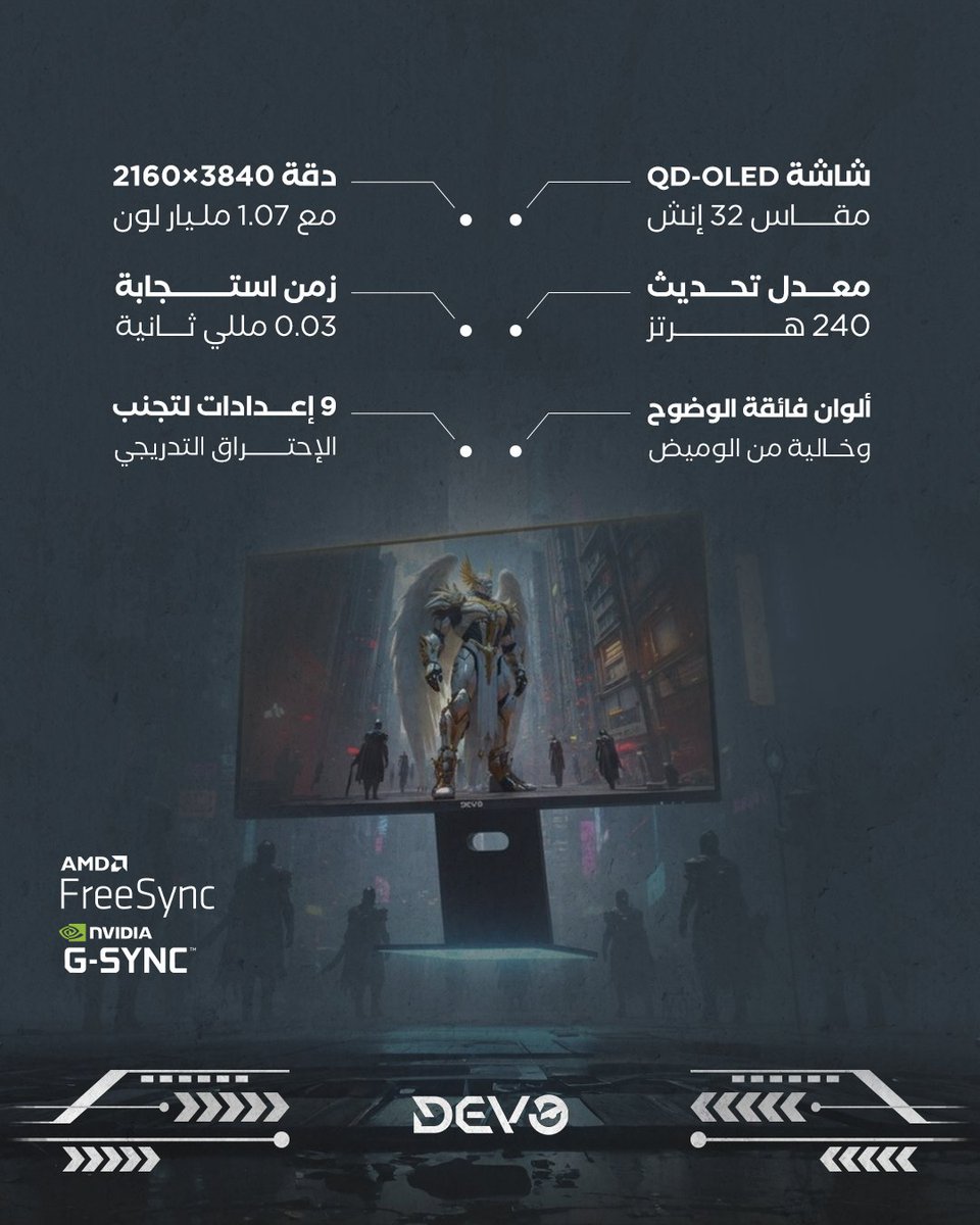 Devo_ME's tweet image. ✨ ادخل عالم جديد من الدقة والوضوح 🎮🔥
شاشة Devo DUO32240 – QD-OLED | 32 إنش | 4K
⚡ 240Hz | ⏱️ 0.03ms | 🎨 99% DCI-P3
تصميم أنيق + ألوان نابضة + أداء لا يُقارن.

#DevoGaming #QD_OLED #NextLevelGaming
