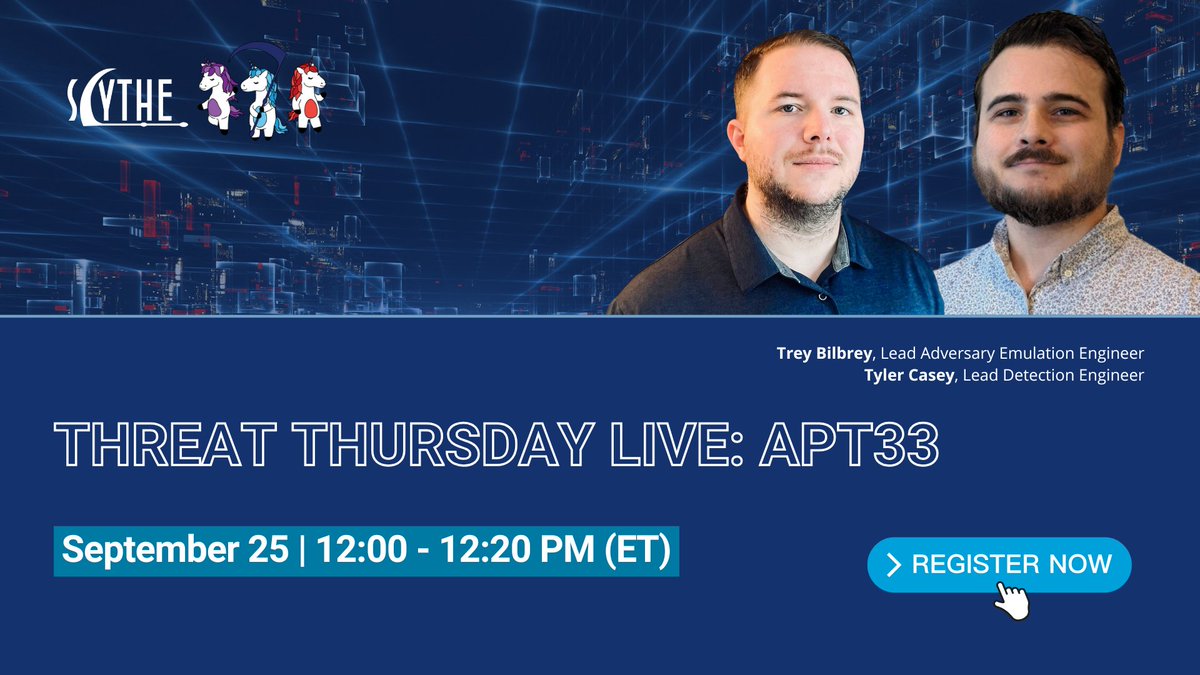 scythe_io's tweet photo. #APT33 is back. Ready? Join Trey Bilbrey & Tyler Casey Sept 25, 12PM ET for a 20-min breakdown of the Iranian threat group’s latest tradecraft, targeting & detection. Red, blue, or between, you can’t miss this. Stay sharp. 🦄 https://t.co/uAWSGGH3JC
@TCraf7
#Cybersecurity https://t.co/VwqWIOR4XH
