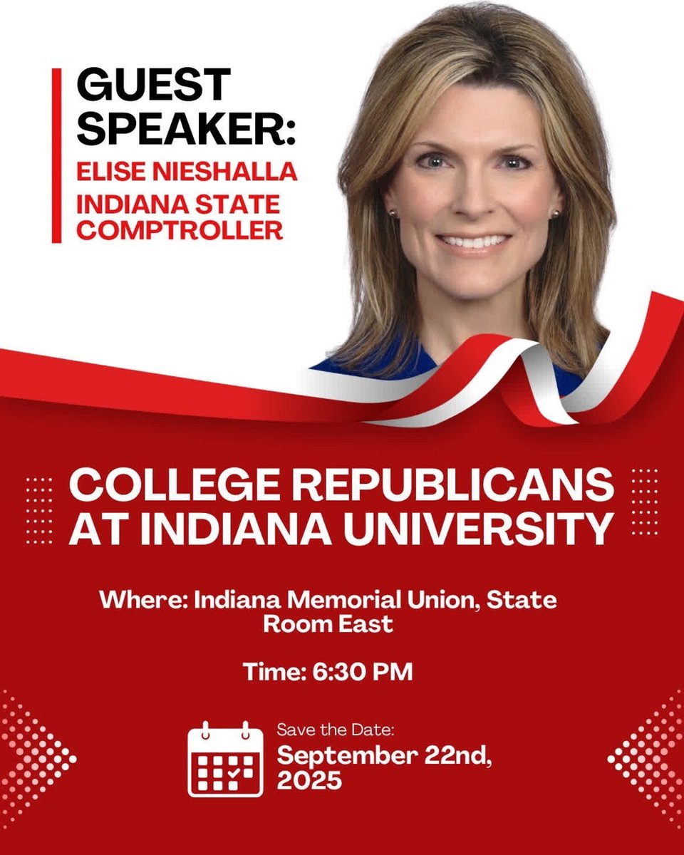 IU College Republicans Meeting today at the IMU! Stop by for free pizza and meet our State Comptroller <a href="/Elise_Nieshalla/">Elise Nieshalla</a>
