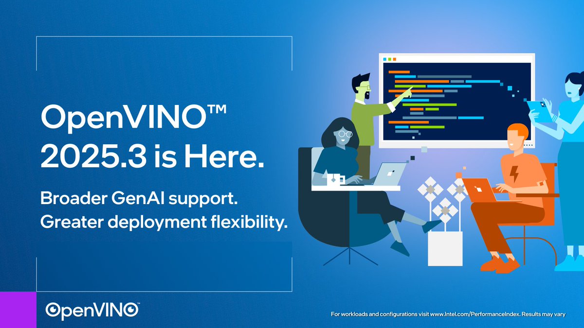 IntelSoftware's tweet image. OpenVINO™ 2025.3 is here! Boost GenAI deployment with GGUF support in Model Server, int4 compression for ONNX, and Windows ML integration for AI PCs.  intel.ly/4mr0vAi