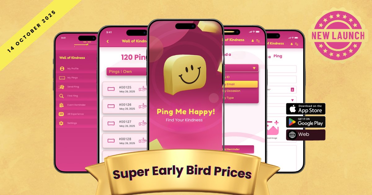 pingmehappy's tweet photo. Super Early Bird prices are coming!
Exclusive deals and rewards that will never be seen again.
💌 Don’t miss out - follow us now and be first in line when we launch.
#PingMeHappy #FindYourKindness #Indiegogo #SuperEarlyBird #SaveBig #Wall of Kindness https://t.co/CWNhncD2tF