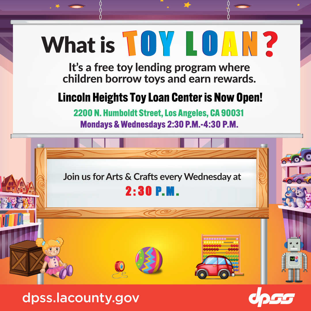 LACo_DPSS's tweet image. The new #LACoDPSS Toy Lending Center is now open! Take part in a free program for #LACounty children to borrow toys and earn rewards 🧸 🪀

Join on Wednesdays 2:30 PM – 4:30 PM for #ArtsAndCrafts 🎨

ℹ️ (833) 8TY-LOAN / (323) 986-2741 or ToyLoan@dpss.lacounty.gov.

#DPSSToyLoan