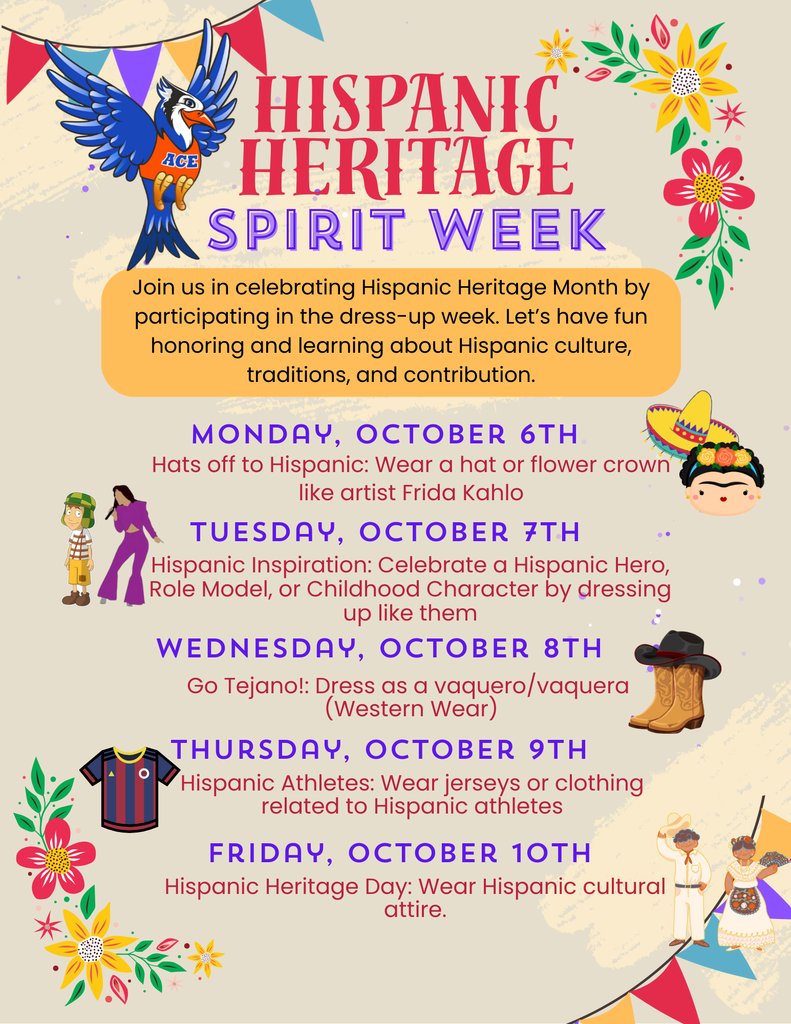 🌟🎉 Join us in celebrating Hispanic Heritage Month! 🎉🌟

We’re kicking off Dress-Up Week October 6th - 10th  to honor and learn about the amazing culture, traditions, and contributions of the Hispanic community.