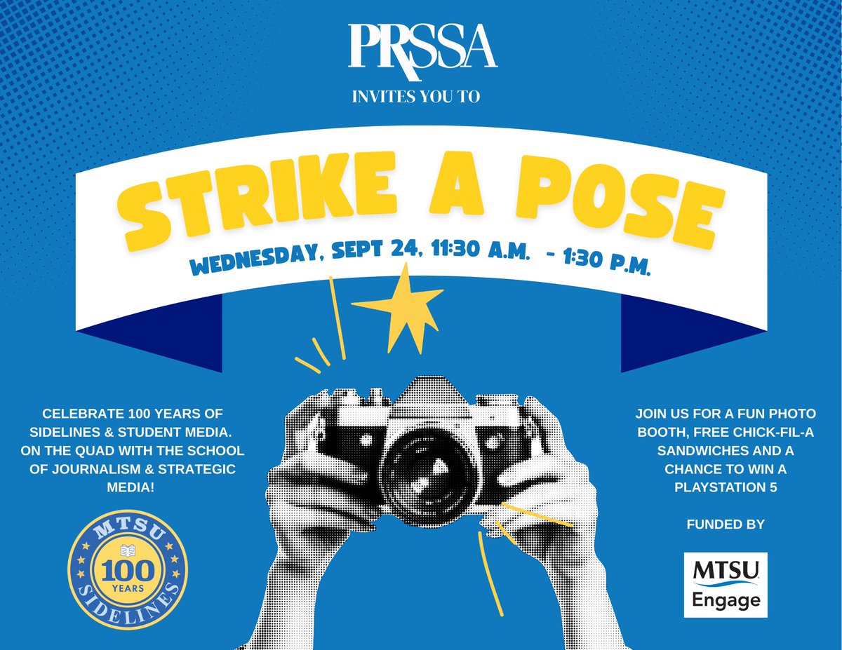 Don’t miss Wednesday’s "Strike a Pose" event! Learn about student media orgs, participate in fun photo ops (with props!), get FREE Chick-fil-A, and enter for a chance to win a PS5! All majors are welcome, so be sure to stop by between 11:30 and 1:30!

#mtsu