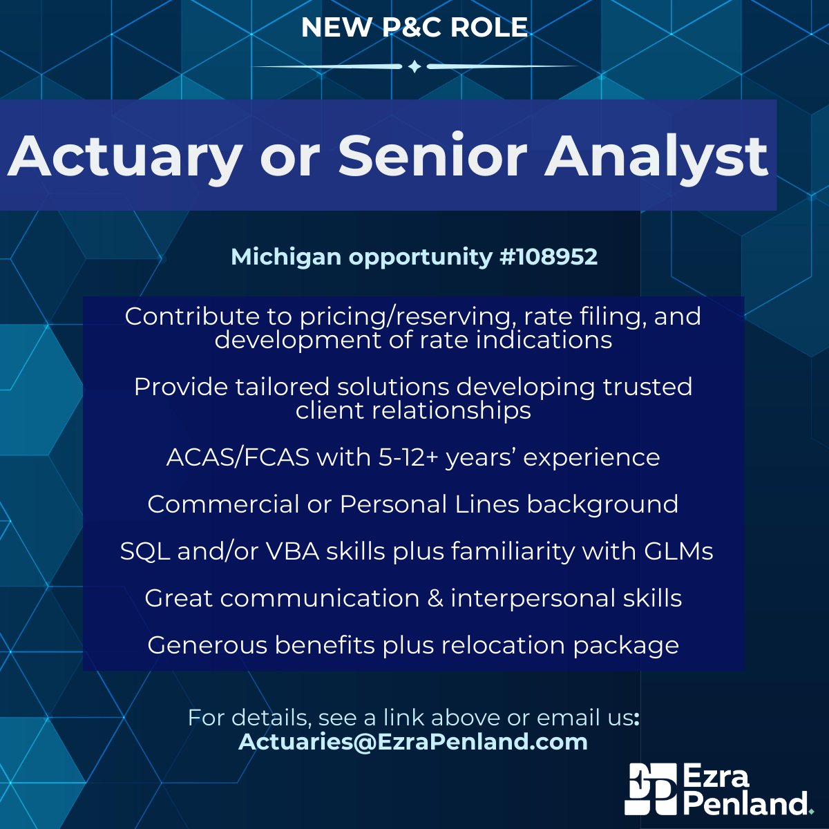 EzraPenland's tweet photo. Great opportunity for an experienced P&C Actuary to join a close-knit Michigan team! https://t.co/pkZjHdGwA6
#Actuary #Actuarial #CommercialLines #PersonalLines #Pricing #Reserving #Michigan #ACAS #FCAS #EzraPenland #108952 https://t.co/hID4AJRGPP