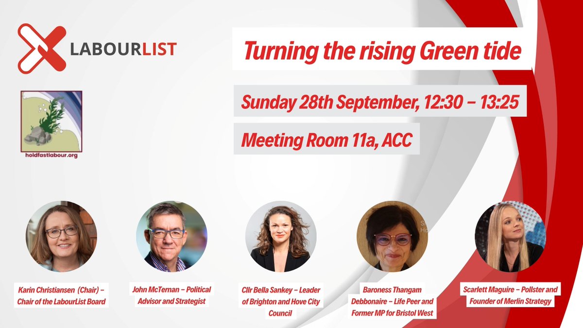 LabourList's tweet photo. @Heidi_Labour @EmilyThornberry @stellacreasy @Alison_McGovern @SKinnock @YuanfenYang @LiamConlon2 3/13 🟢Join LabourList and Hold Fast Labour for a dynamic session on the rising threat of the Green party - and how Labour can beat them. 

Featuring @_karin_c, @johnmcternan, @BellaSankey, @ThangamDebb, and @Scarlett__Mag

#LabourList #Lab25 https://t.co/YajrUwlBwG