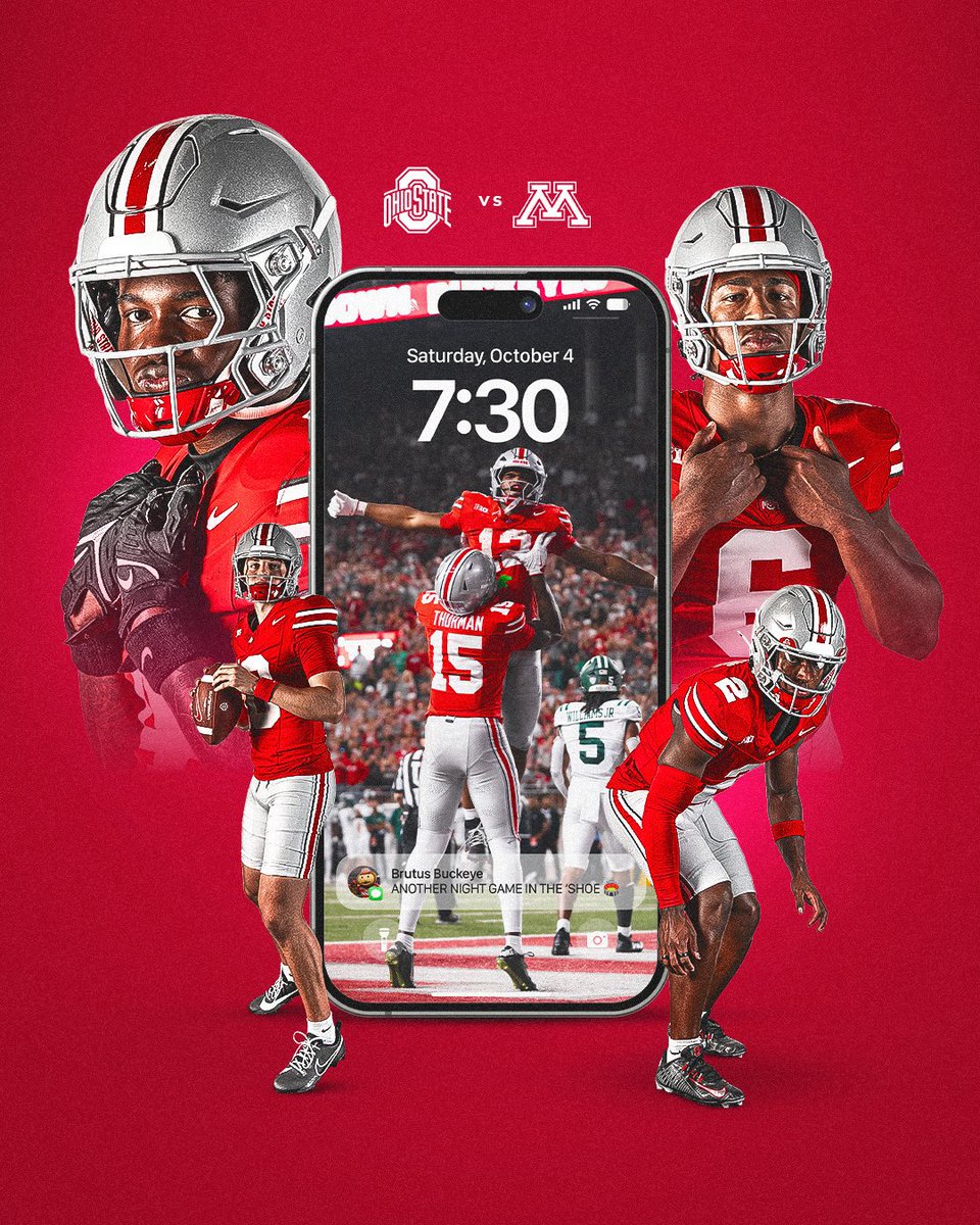 Game Time Announced ⏰

🏈 No. 1 <a href="/OhioStateFB/">Ohio State Football</a> 🆚 Minnesota 
🗓️ Saturday, October 4th
🕢 7:30 PM 
📺 NBC
🎟️ go.osu.edu/fbsinglegameti…

<a href="/OhioStateFB/">Ohio State Football</a> | #GoBucks