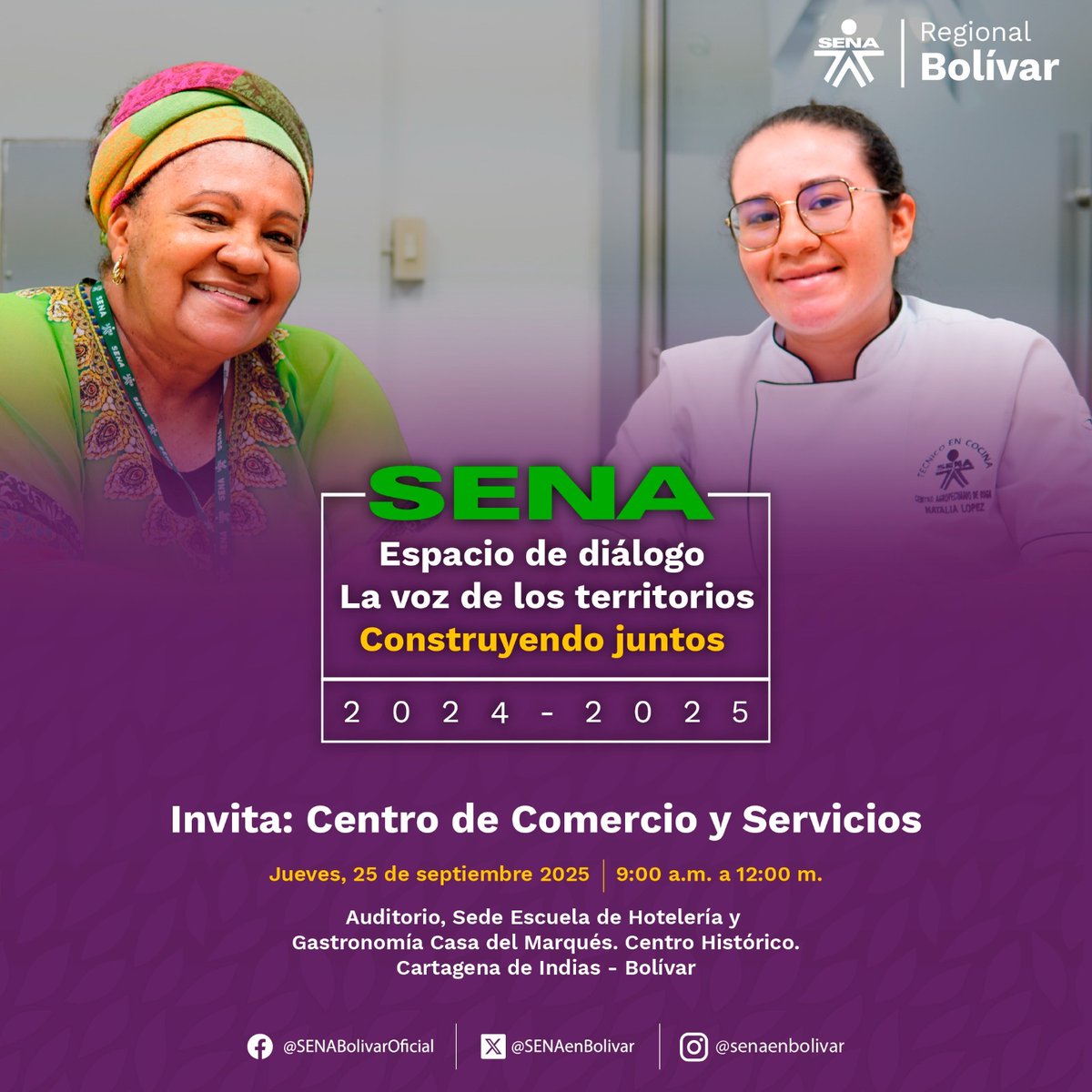 #SomosSENA || El centro de Comercio y Servicios invita al Espacio de Diálogo La Voz de los Territorios que se realizará este jueves 25 de septiembre en el Auditorio de la Escuela de Gastronomía Casa del Marqués de <a href="/SENAenBolivar/">SENA Bolívar Oficial</a>.📍
⏰Hora: 9:00 a.m. - 12:00 p.m.