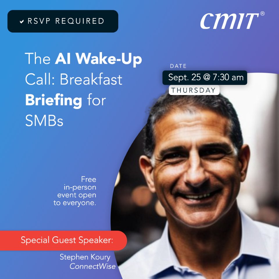 🎤 Meet guest speaker Stephen Koury of ConnectWise at our Sept 25 AI Breakfast Briefing!
Learn how AI impacts SMBs + strategies to stay secure.

📍 Denver Marriott Westminster | 7:30–9:30 AM

RSVP: hubs.li/Q03HNBc90