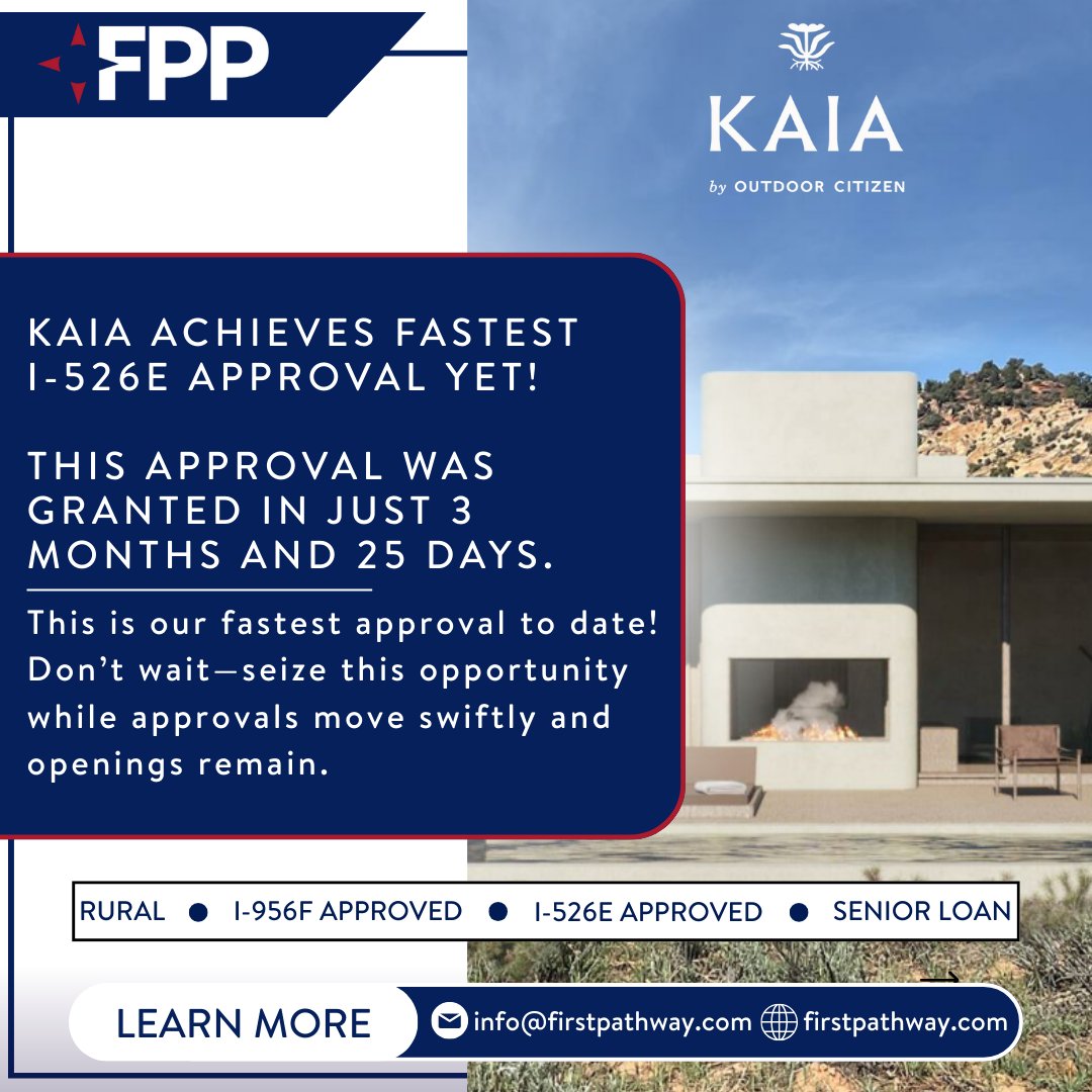 FirstPathway (@firstpathway) on Twitter photo KAIA achieves fastest I-526E approval yet in just 3 months and 25 days. This is our fastest approval to date! Don’t wait—seize this opportunity while approvals move swiftly and openings remain.
Contact us at info@firstpathway.com today!
#EB5Visa #FPP #EB5 KAIA achieves fastest I-526E approval yet in just 3 months and 25 days. This is our fastest approval to date! Don’t wait—seize this opportunity while approvals move swiftly and openings remain.
Contact us at info@firstpathway.com today!
#EB5Visa #FPP #EB5