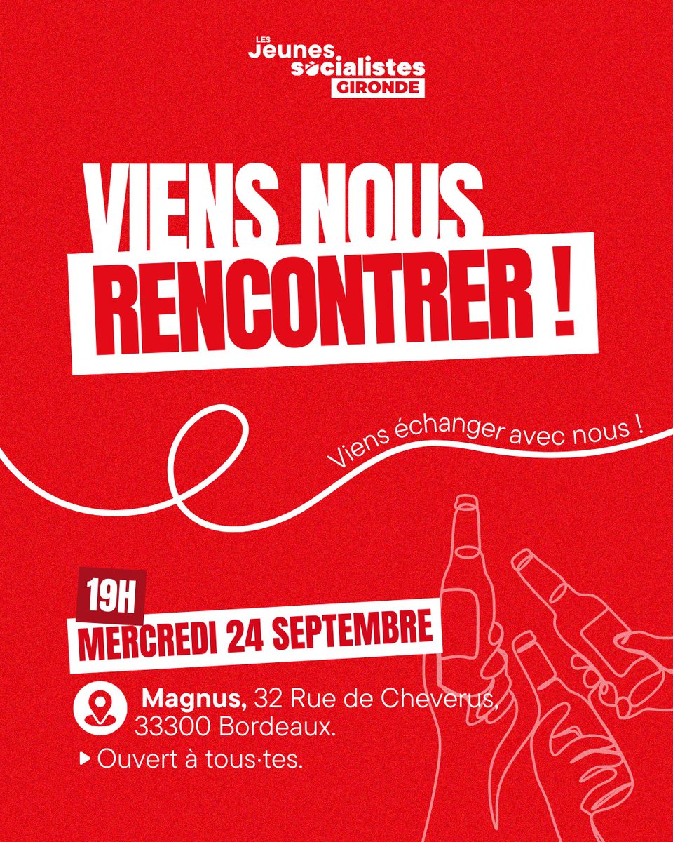 Les Jeunes Socialistes de Gironde organisent leur premier verre de l’année mercredi dès 19h au Magnus ! 🍻🌹

Que tu aies envie de nous rejoindre ou simplement de discuter autour d’un verre, tu es le/la bienvenu•e ! ☀️