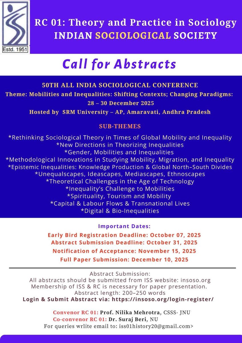 RC 01 of the ISS calls for abstracts for the 50th AISC on ‘Mobilities and Inequalities: Shifting Contexts; Changing Paradigms’ 

Conference Dates: 28 – 30 December 2025

Abstract Submission Deadline: October 31, 2025

Login &amp; Submit Abstract via: insoso.org/login-register/