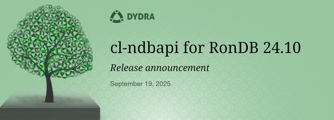 dydradata's tweet image. After more than a year of work, we just released a much enhanced version of our #CommonLisp bindings to the C++ #NDB API of #RonDB.
So, welcome cl-ndbapi for RonDB 24.10!
blog.dydra.com/@datagenous/cl…
We are currently working on a series of articles, how we use it to scale #Dydra.