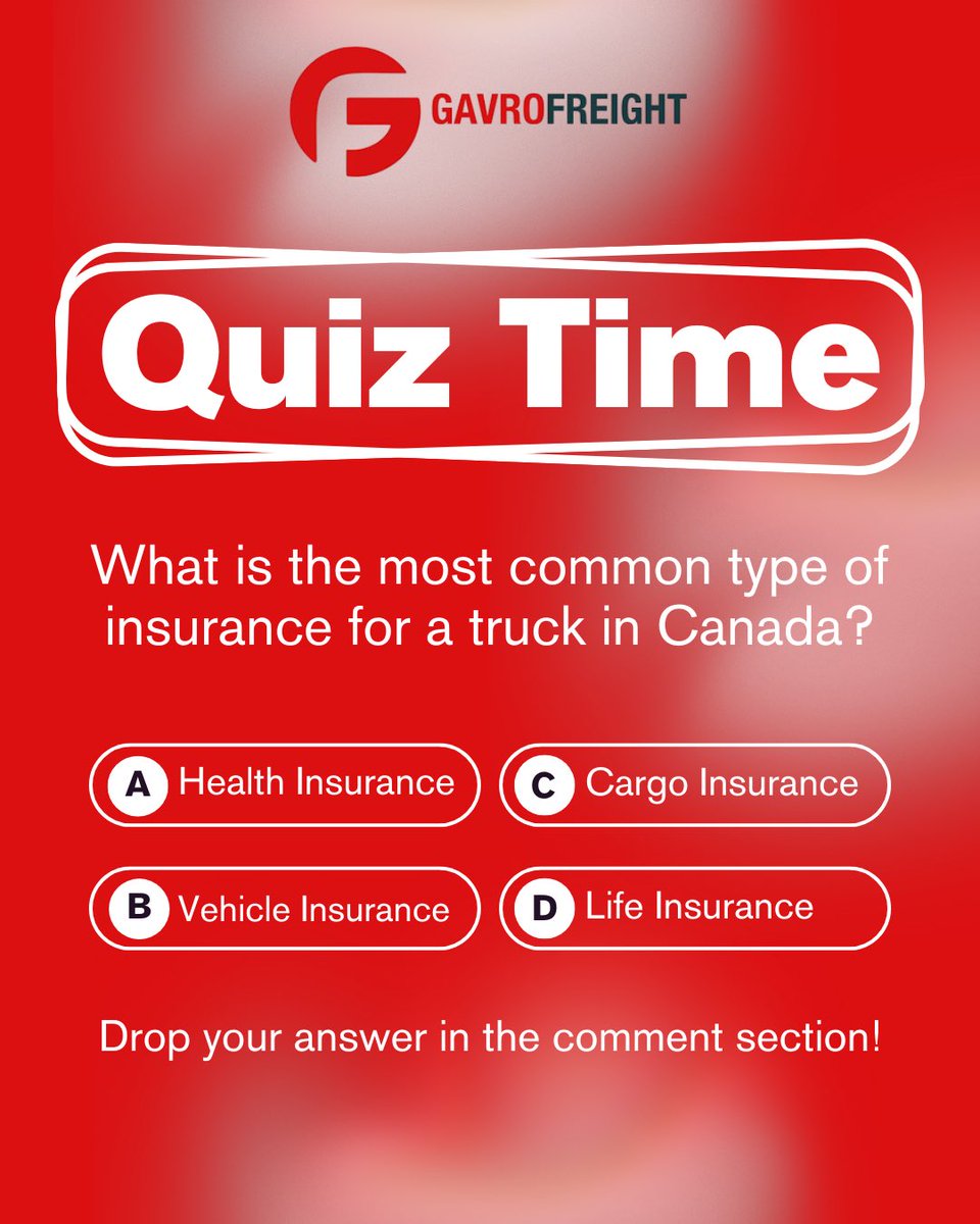 gavrofreight's tweet image. 🚛 Quiz Time!

What’s the most common type of insurance for a truck in Canada? 🇨🇦

📞 Canada: 289-965-1560
📞 USA: 844-444-8480
🌐 gavrofreight.com | gogavro.com

#FreightQuiz #LogisticsTrivia #DrivenByExcellence #GavroFreight