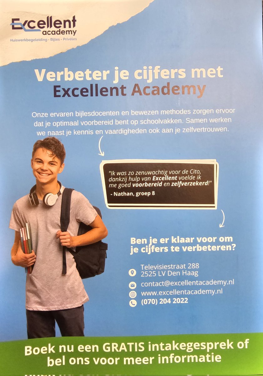 BijlesExcellent's tweet photo. “Ik was zo zenuwachtig voor de Cito. Dankzij de hulp van Excellent voelde ik me goed voorbereid en zelfverzekerd!”
— Nathan, groep 8

Heeft uw kind moeite met begrijpend lezen of rekenen? Kom dan bij ons langs!

Meer informatie vindt u op:

https://t.co/zg6K5KtqGa

#onderwijs https://t.co/AagRKPcrCP