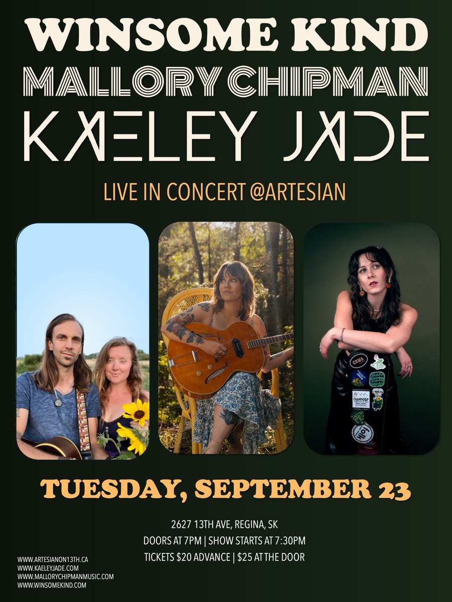 TOMORROW ☛ Tuesday Sept. 23, 8 pm
Winsome Kind, Mallory Chipman, and Kaeley Jade
Tickets: $20 adv/$25 door

THURSDAY  ☛ Sept. 25, 8 pm
Rube &amp; Rake
Tickets: $22 adv/$28 door

Tickets are available in advance online (🎟🔗 artesianon13th.ca/event-calendar…) or in person at Paper Umbrella.