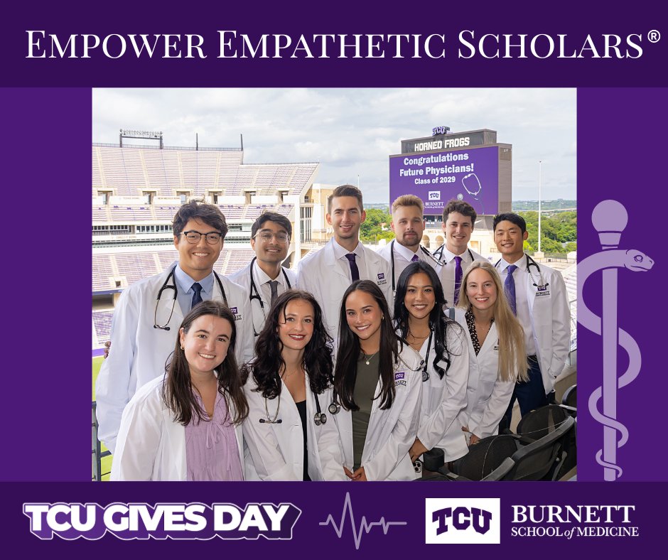 They’re just getting started! 🩺

Class of 2029 → first days of med school.
Class of 2030 → applications &amp; dreams.

Your gift on #TCUGivesDay (Oct. 7–8) opens the door for bold future physicians.💜 #BurnettMedTCU #FuturePhysicians #EmpatheticScholars

frogfunding.tcu.edu/tcu-gives-day-…