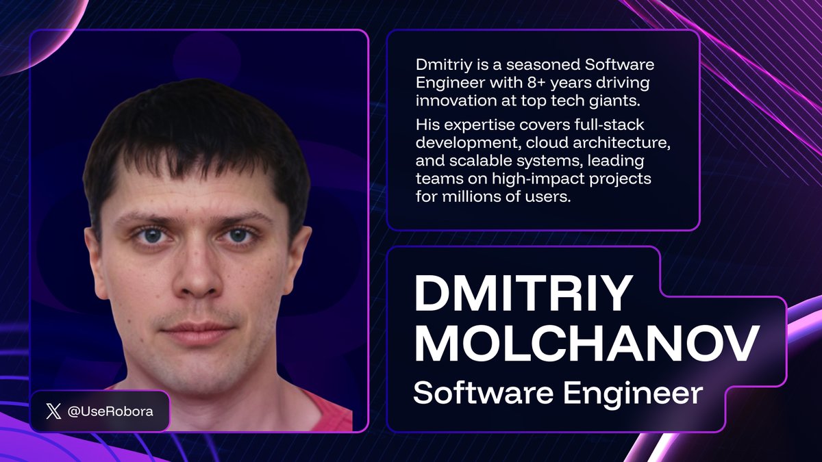 UseRobora's tweet image. Dmitriy has been with Robora since the very beginning. From day one, his experience across major blockchain projects and modern infrastructure has been essential in shaping the project’s direction. Together with experts in robotics software engineering, he built the technical…
