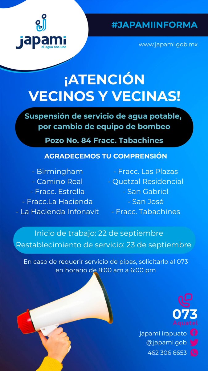 Aviso importante para las siguientes colonias y fraccionamientos. 👇

El día de hoy, el pozo No. 84 del fraccionamiento Tabachines, presentó una afectación en el equipo de bombeo, por lo que el servicio será suspendido mientras concluyen las labores de reparación.