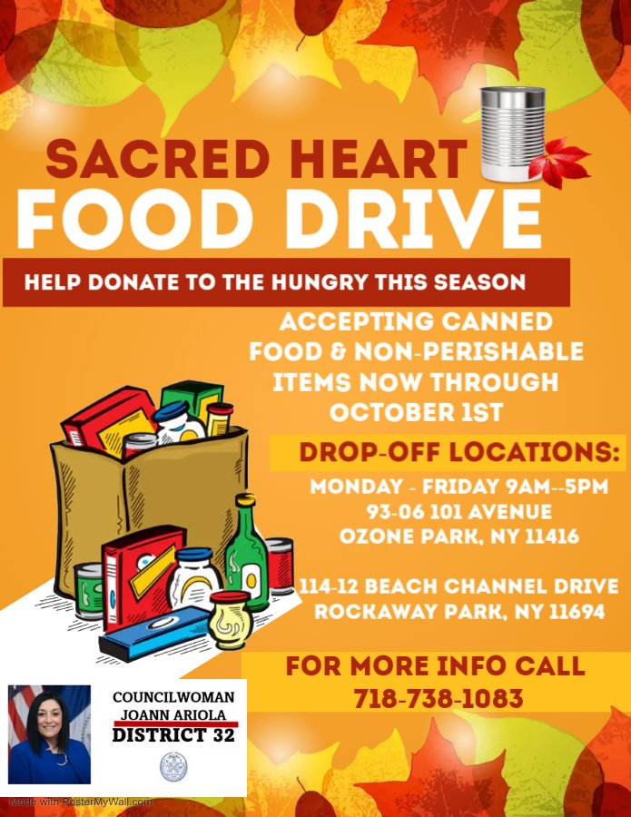 Joann Ariola NYC Council District 32 (@joannariola32) on Twitter photo Our food drive is nearly over, but we are still in need of supplies.
Please consider dropping off a donation to help my office support the Sacred Heart Food Pantry, so we can ensure that everyone in District 32 can have food on their table at dinnertime.
Any donation is welcome Our food drive is nearly over, but we are still in need of supplies.
Please consider dropping off a donation to help my office support the Sacred Heart Food Pantry, so we can ensure that everyone in District 32 can have food on their table at dinnertime.
Any donation is welcome