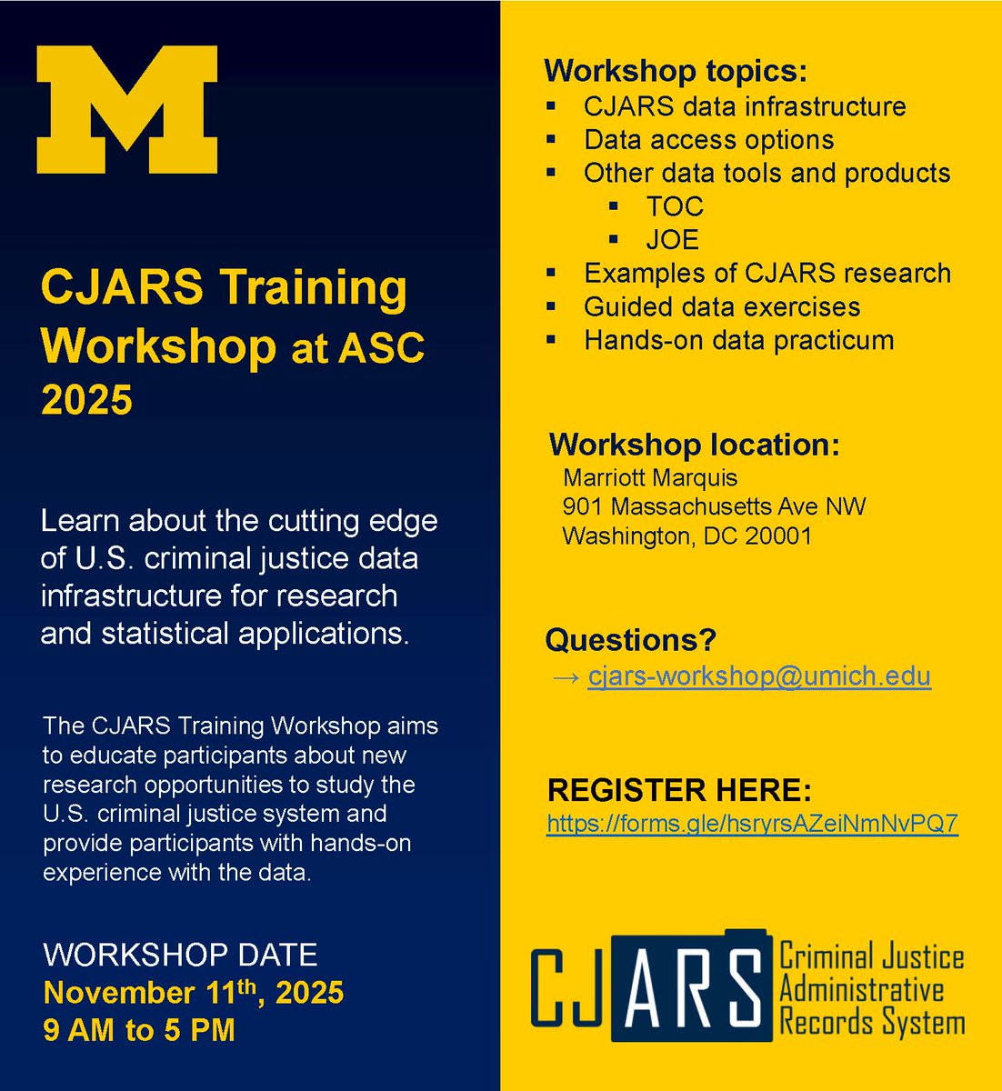 Amer Soc of Crim (@ascrm41) on Twitter photo Another #ASCinDC25 #ASCriminology2025 pre-conference workshop hosted by <a href="/UM_CJARS/">CJARS</a>  focusing on the cutting edge of U.S. criminal justice data infrastructure for research applications, from 9:00 - 5:00 pm on Tue, Nov 11. For registration, please visit: cjars.org/training-works… Another #ASCinDC25 #ASCriminology2025 pre-conference workshop hosted by <a href="/UM_CJARS/">CJARS</a>  focusing on the cutting edge of U.S. criminal justice data infrastructure for research applications, from 9:00 - 5:00 pm on Tue, Nov 11. For registration, please visit: cjars.org/training-works…