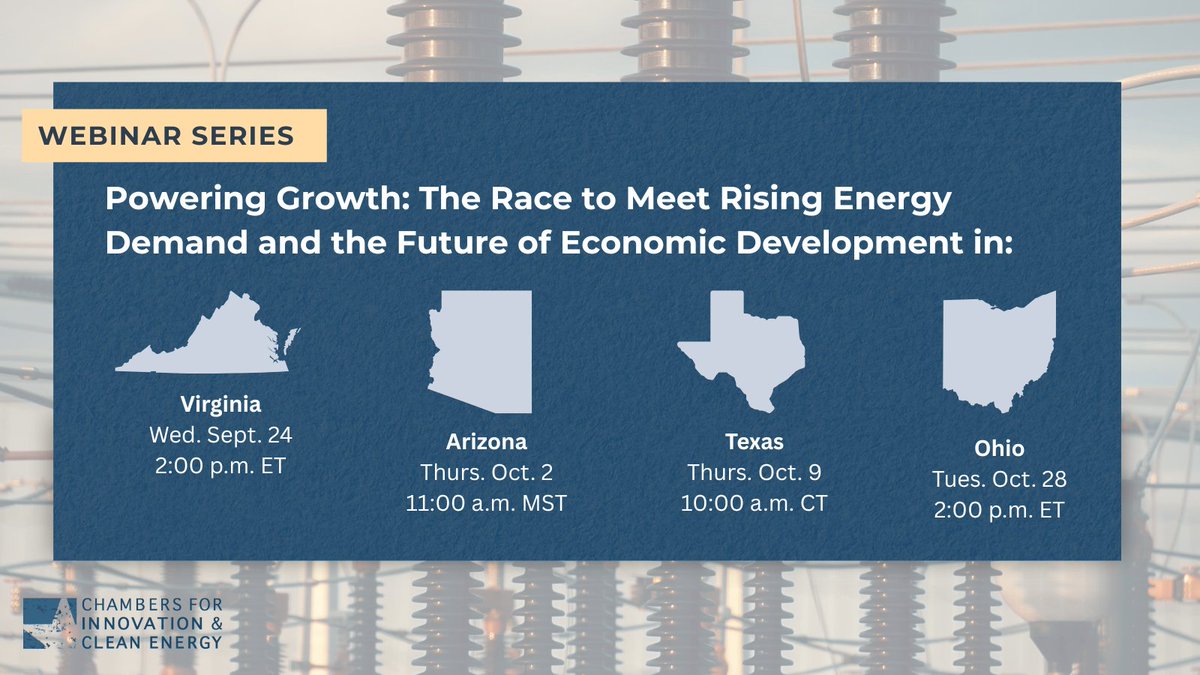 Join us for a 4-part webinar series exploring how multiple states are navigating the future of energy, infrastructure, and growth.
Discover how your region can stay competitive in the race to meet demand: chambersforinnovation.com/events
#Energy #CleanEnergy #WebinarSeries #EnergyDemand
