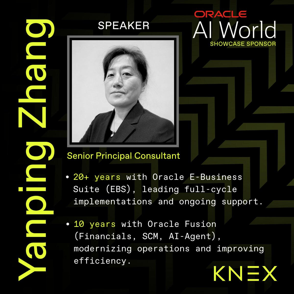 knextech's tweet image. #KNEX highlights Yanping Zhang, Senior Principal Consultant, as a speaker at #OracleAIWorld2025.

With 20+ years in Oracle E-Business Suite and nearly a decade in Oracle Fusion, she’ll present “Fusion AI Agents Boost Efficiency for Healthcare Nonprofit” [THR3803] on Oct 14.