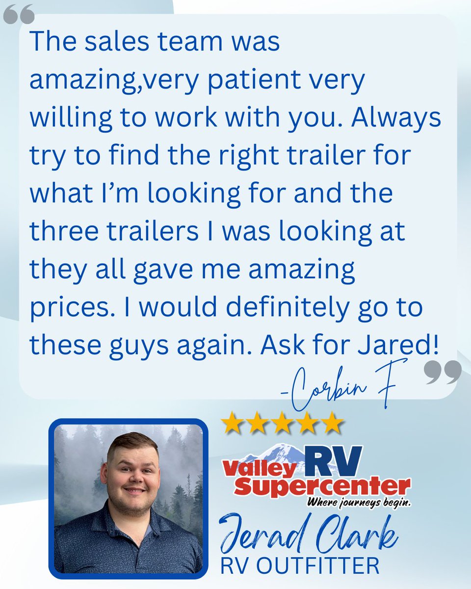 ValleyRVSuper's tweet image. Another happy camper! ⭐️⭐️⭐️⭐️⭐️ Thank you for your business, Corbin, and shoutout to our RV Outfitter, Jared for making it happen! Shop with us today 👉 bit.ly/4fAozyZ

#LetsJayco #ValleyRVSupercenter #RVLife #HappyCamper #CustomerLove #Camping #PNWRV