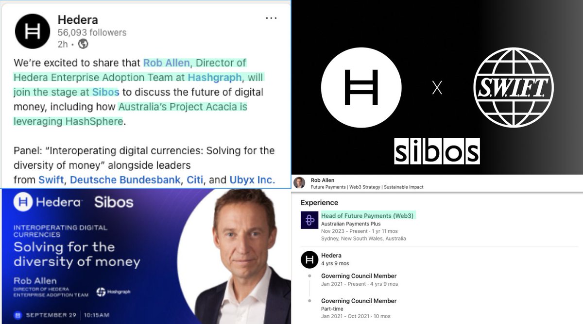$HBAR getting serious with SWIFT's SIBOS around the corner🏦

Rob Allen, Director of Hedera Enterprise Adoption Team  will be representing Hedera at SIBOS.

Additionally Rob's the Head of Future Payments at Australian Payments Plus

As we know this ties to CBDC Project Acacia.