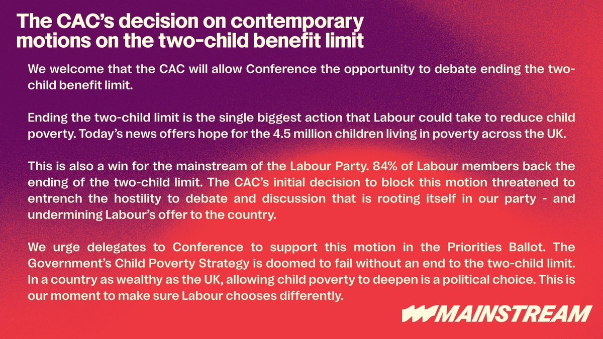 NEW: Labour's CAC has reversed its decision to block motions on ending the two-child benefit limit.

Without an end to the two-child benefit limit, the Government's Child Poverty Strategy is doomed to fail.

A statement from Mainstream's Interim Council below👇