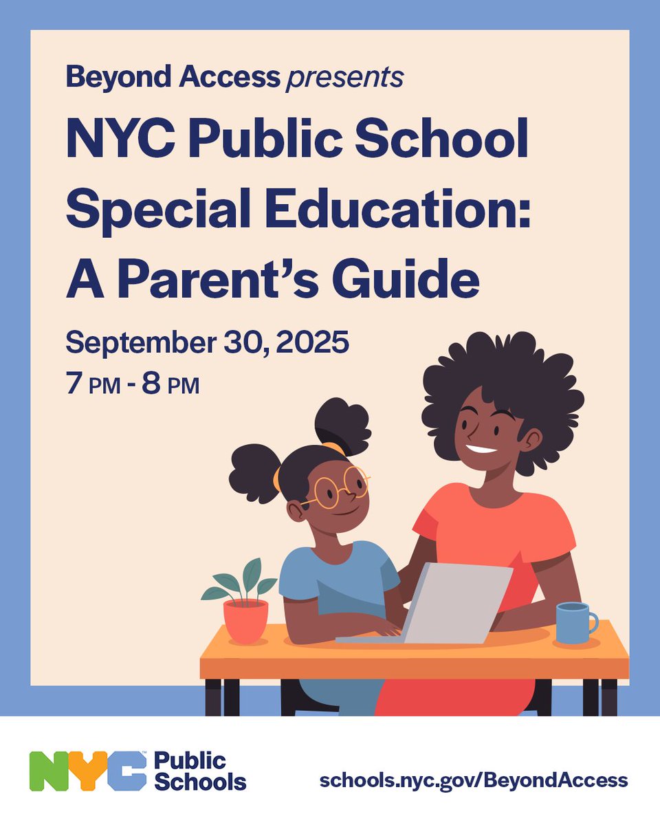 NYCSchools's tweet image. Join us for a Special Education #BeyondAccess Online Event!

“NYC Public Schools Special Education: A Parent’s Guide,” hosted by @NYCSchools.

Date: Tuesday, September 30, 2025

Time: 7:00PM to 8:00PM

Register here: zoom.us/webinar/regist…