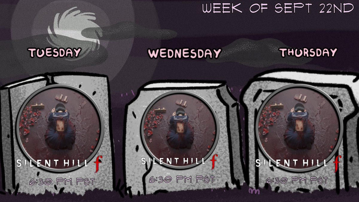 🪦PMS SCHEDULE OF THE WEEK!📈

A SPECIAL WEEK! Instead of 2 days out of the week Im bumping it up to celebrate Silent Hill's Return!
(We don't talk about that weird Ai generated tv show thing)

Link in the bio come visit your afterlife representative this week!