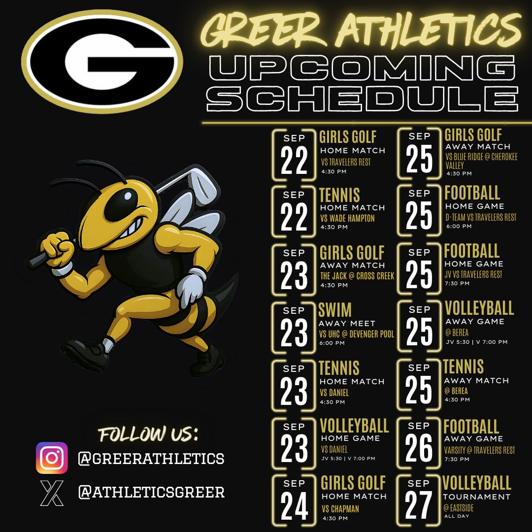 AthleticsGreer's tweet image. There are 14 opportunities to support our amazing student-athletes in tennis, swimming, volleyball, girlsโ golf, football, and cross-country. Go Jackets!๐