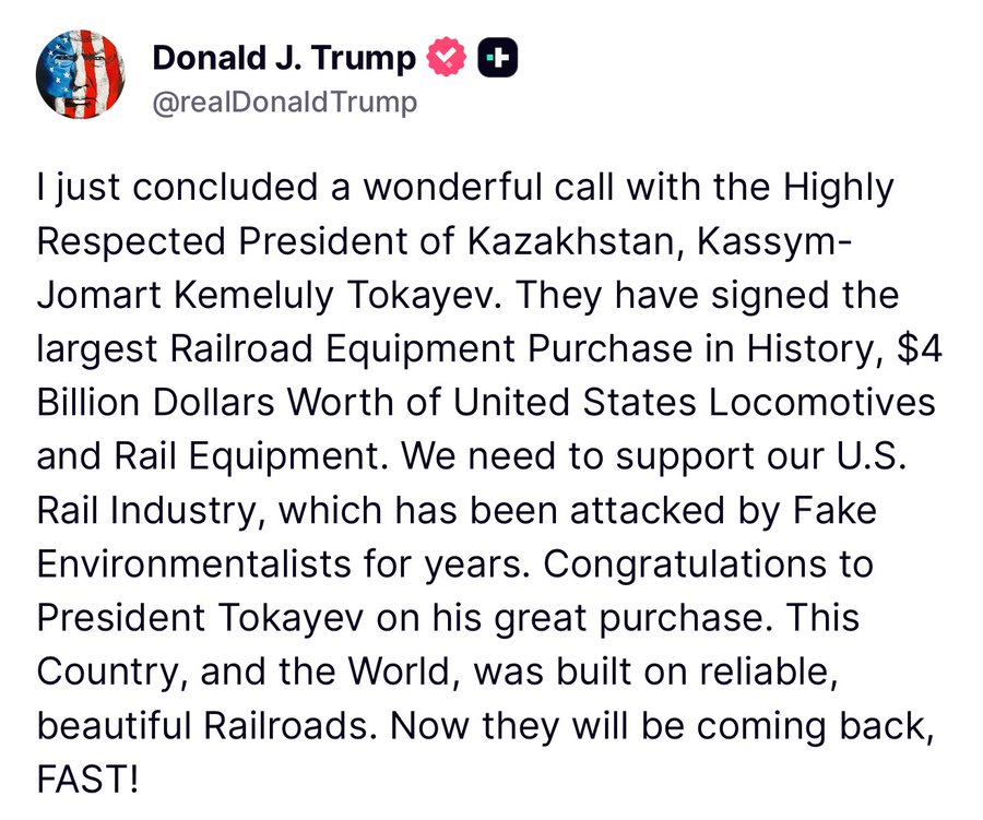 A profile image of Donald J. Trump with an American flag background. Text overlay includes Donald J. Trump\'s name, Twitter handle @realDonaldTrump, and a verified checkmark. Additional text reads, "I just concluded a wonderful call with the Highly Respected President of Kazakhstan, Kassym-Jomart Kemeluly Tokayev. They have signed the largest Railroad Equipment Purchase in History, $4 Billion Dollars Worth of United States Locomotives and Rail Equipment."